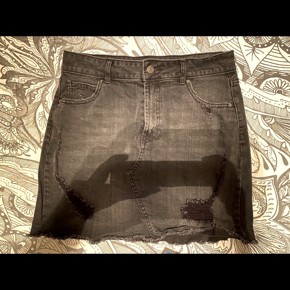 High-waisted Black Distressed Denim/Jean Skirt